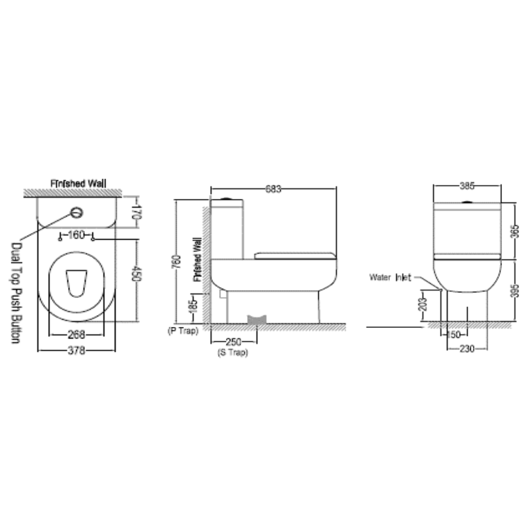 Acolia WC2028 Washdown Close Coupled Water Closet Set - S Trap 115010260 Technical Drawing