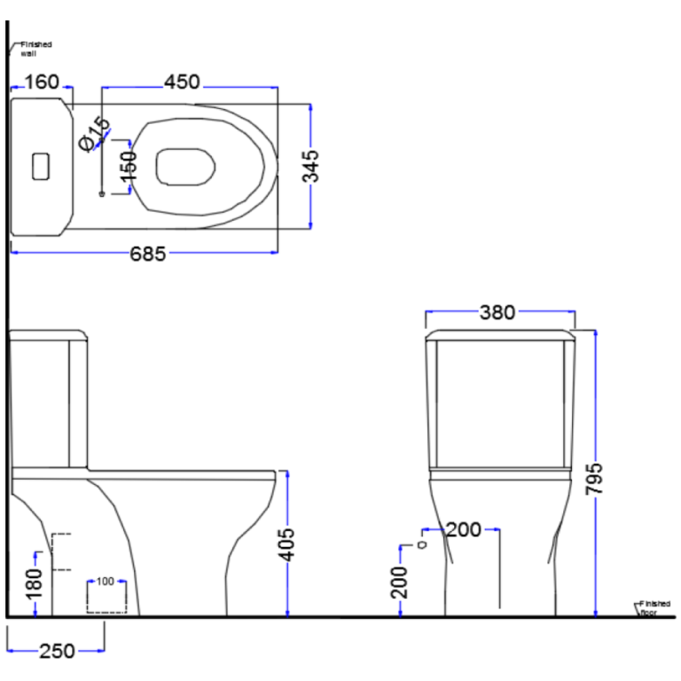 Acolia Oval 3112PS Wash Down Close Coupled Water Closet Set - S Trap 115010105 115010106 Technical Drawing