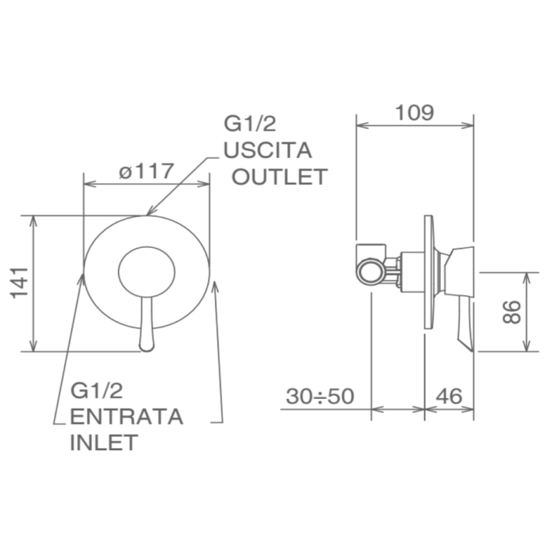 Latorre Konvex Series Built-In Shower Mixer with Plate 170mm 322030001 Technical Drawing