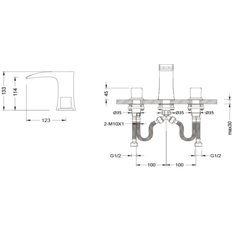 Acolia Moselle Series Three Hole Deck Mounted Basin Mixer 221040004 Technical Drawing